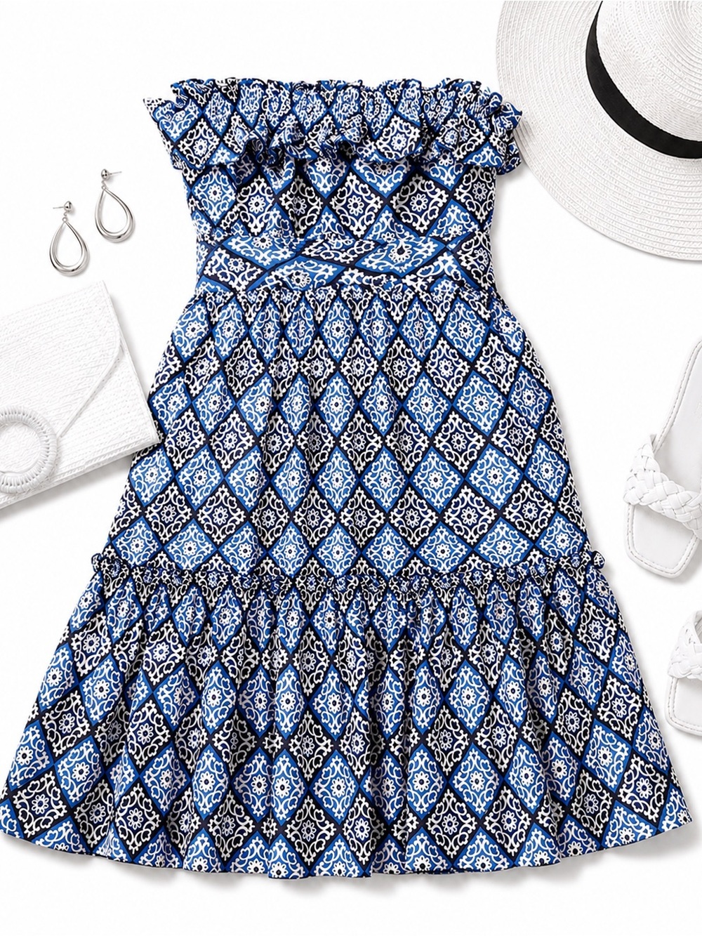 Milly 100% Silk Black, Blue and White Tile Print Strapless Dress Size 4 Resort